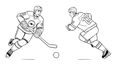 Deux joueurs de hockey sur glace, l'un prêt à frapper une rondelle, avec des maillots numérotés 46 et 12, le tout en noir et blanc.