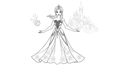 Dessin au trait d'Elsa avec un château de glace, pour une page à colorier.
