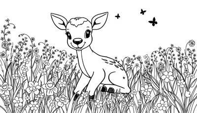 Un dessin au trait d'un faon mignon dans un champ de fleurs sauvages, avec trois papillons volant au-dessus. Prêt pour un color panel.