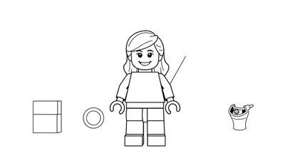 Figurine LEGO souriante avec des blocs LEGO à côté, dans un style de dessin au trait sur fond blanc, parfait pour un color panel.