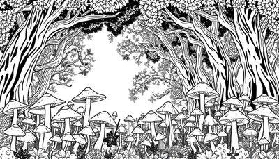 Un dessin au trait d'une forêt enchantée avec de nombreux champignons, fleurs et arbres. Le style est celui d'une page à colorier.