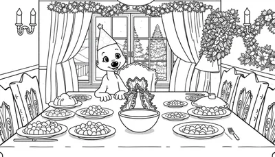Personnage de dessin animé joyeux avec un chapeau de fête assis à une table de fête remplie de nourriture.