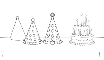 Page de coloriage de fête d'anniversaire avec chapeaux et gâteau, color panel.