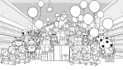 Illustration en noir et blanc d'enfants et de robots entourant des cadeaux dans un magasin, avec des ballons flottants et des étagères de produits en arrière-plan, style livre de coloriage.