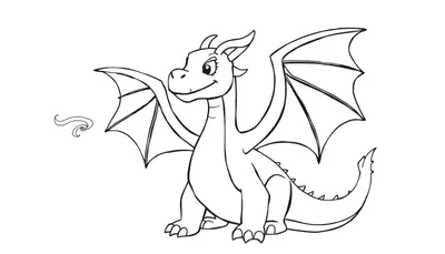 Dessin au trait d'un dragon de dessin animé amical assis avec des ailes déployées, prêt pour une aventure.