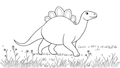 Un dessin au trait d'un stégosaure souriant sur une pelouse, prêt pour son color panel.