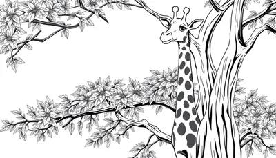 Dessin au trait d'une girafe amicale mangeant des feuilles d'un arbre fleuri, un panneau coloré.