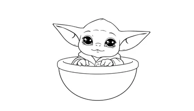 Dessin au trait de Grogu dans son conteneur, prêt pour un color panel.