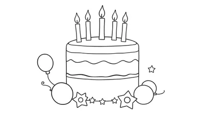 Un dessin au trait d'un gâteau d'anniversaire à plusieurs étages avec cinq bougies allumées, entouré de ballons et d'étoiles, prêt pour une activité de color panel.