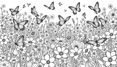 Un dessin au trait noir et blanc d'un champ de fleurs avec des papillons, idéal pour un color panel.