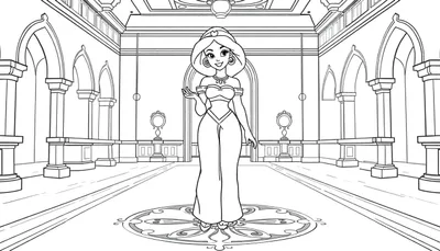 Dessin au trait noir et blanc de Jasmine dans son palais, souriant et saluant, avec des éléments de palais et un motif floral, dans un style livre de coloriage.