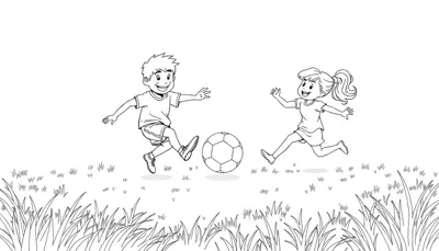 Dessin au trait noir et blanc d'un garçon frappant un ballon de football pendant qu'une fille court pour le rattraper sur un terrain d'herbe stylisée. Le dessin est un color panel pour enfants.