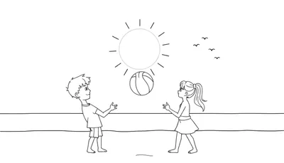 Un garçon et une fille jouent au ballon sur la plage, sous un soleil éclatant. Le dessin en noir et blanc a un style de croquis, avec des oiseaux dans le ciel.