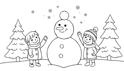 Un bonhomme de neige souriant entouré d'enfants joyeux, dans une scène hivernale dessinée en noir et blanc, page de coloriage color panel.