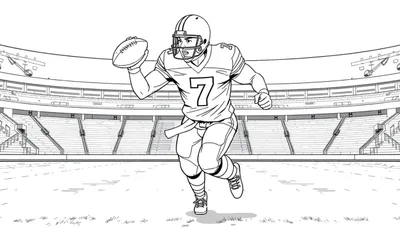Dessin au trait d'un joueur de football américain courant avec le ballon, numéro 7, dans un stade, prêt pour le color panel.