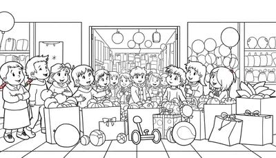 Dessin d'enfants souriants devant un magasin coloré, prêt à colorier.