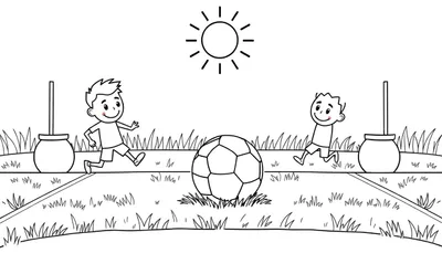 Dessin en noir et blanc de deux garçons courant dans un terrain d'herbe avec un ballon de football et des buts, sous un soleil rayonnant. Un color panel de joie simple.