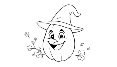 Dessin au trait d'une citrouille souriante portant un chapeau de sorcière, prête pour le color panel.