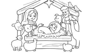 Dessin au trait noir et blanc d'une scène de la Nativité, un color panel joyeux avec Marie, Joseph et des animaux autour de Jésus dans une étable.