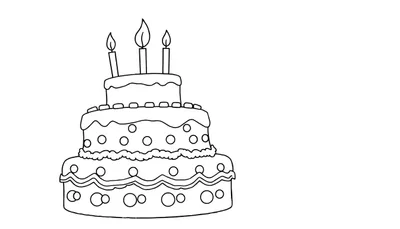 Dessin noir et blanc d'un gâteau d'anniversaire à trois étages avec des bougies allumées et des motifs décoratifs.