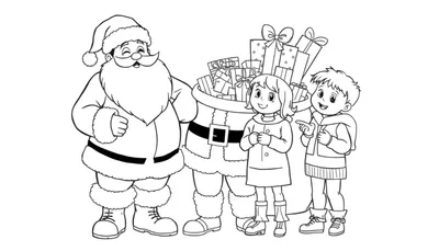 Le Père Noël souriant avec un grand sac de cadeaux, une fille et un garçon devant, dessin au trait pour colorier.