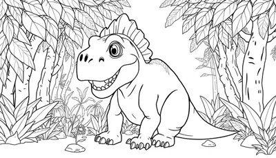 Un adorable dinosaure de dessin animé au trait noir et blanc, souriant largement, se tient au milieu d'une jungle détaillée. Ce color panel est prêt à être rempli de couleurs vives.