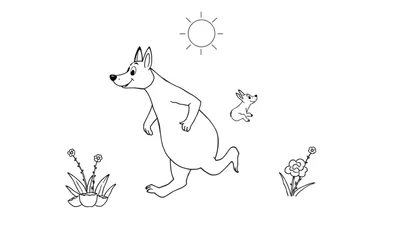 Un kangourou et son petit profitant du soleil, avec des fleurs dans des pots en bas.