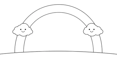 Un arc-en-ciel simple avec un nuage souriant à chaque extrémité, sur une ligne d'horizon. Un panneau coloré idéal pour les enfants.