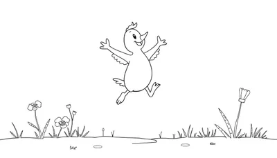 Dessin noir et blanc d'un oiseau joyeux en vol avec un visage souriant, au-dessus d'un pré fleuri. Un color panel à imprimer.