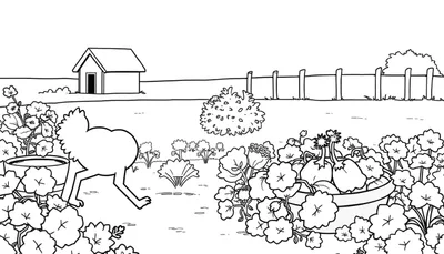 Dessin en noir et blanc d'une dinde aux pattes cachées dans la végétation, avec une cabane en arrière-plan, color panel.