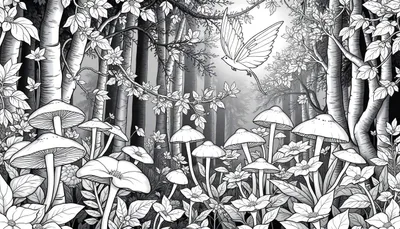 Une fée joyeuse vole dans une forêt enchantée avec des fleurs et des champignons, un color panel à colorier.