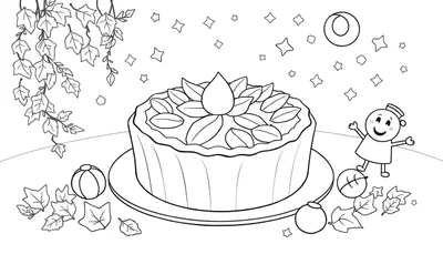 Un dessin au trait noir et blanc d'un gâteau et d'un personnage souriant, parfait pour un color panel.