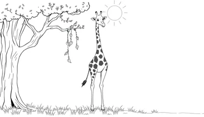 Dessin au trait d'une girafe sous un soleil africain, avec un arbre et de l'herbe.