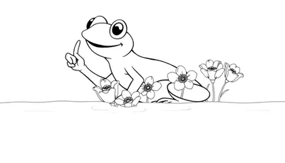 Dessin au trait d'une grenouille souriante pointant un doigt vers le haut au milieu de fleurs aquatiques.