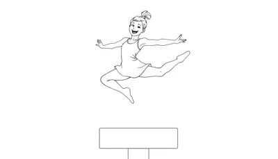 Une jeune gymnaste en noir et blanc effectue un saut périlleux au-dessus d'une poutre d'équilibre.