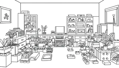 Dessin au trait noir et blanc d'une pièce débordante d'objets, un véritable chaos créatif.