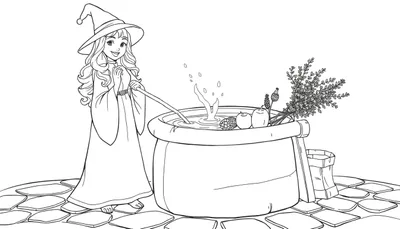 Dessin d'une jeune sorcière souriante préparant une potion dans un chaudron fumant avec une louche, une pomme de pin et des pommes flottant à l'intérieur, un bouquet d'herbes et des sacs à proximité.