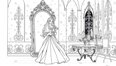 Une princesse se tient devant un grand miroir orné dans une chambre de conte de fées, avec un color panel à droite.