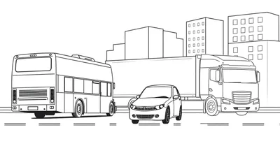 Un dessin au trait de rue avec un bus à impériale, une voiture et un camion, entourés d'immeubles.