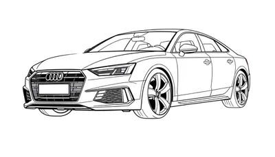Dessin au trait d'une berline Audi sportive sur fond blanc, mettant en évidence ses lignes épurées et sa calandre distinctive.