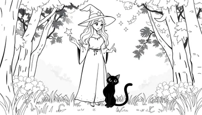 Jeune sorcière dans une forêt avec son chat noir et une baguette magique. Étoiles et lunes dans le ciel. Color panel.