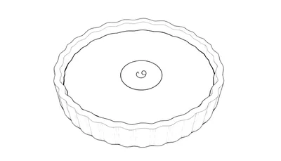 Dessin au trait d'une tarte ronde avec un bord ondulé, au centre un motif en spirale, sur un fond blanc. Un color panel pour la créativité.