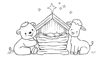 Une scène de la nativité dessinée dans un style enfantin, avec un ourson et un agneau en peluche gardant un bébé dans une mangeoire, sous une étoile brillante.
