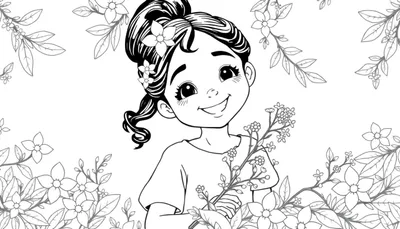 Planche de coloriage d'une fille souriante entourée de fleurs.