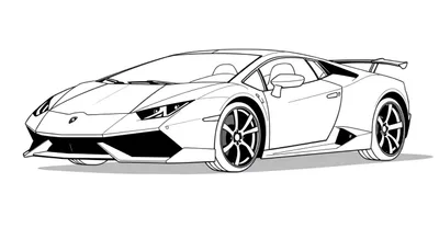 Dessin au trait d'une voiture de sport Lamborghini en noir et blanc, prête à être coloriée.