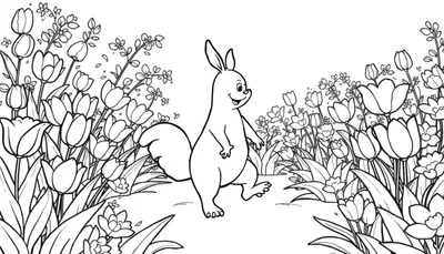 Un lapin joyeux se tient au milieu d'un champ de tulipes colorées, dans un dessin au trait noir et blanc, parfait pour un color panel.
