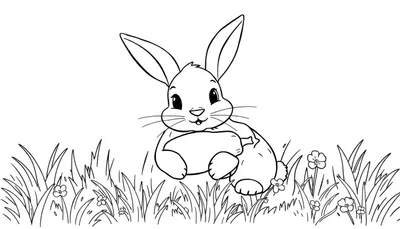 Un lapin de dessin au trait tenant un œuf, assis dans un pré fleuri, prêt pour le color panel.