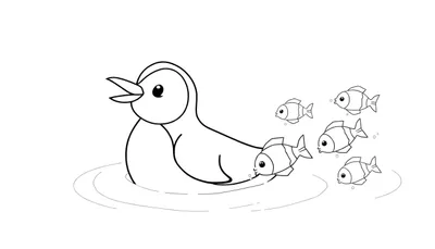 Dessin au trait d'un canard joyeux nageant avec des poissons, prêt pour un color panel.