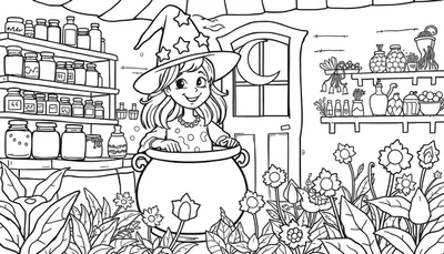 Une jeune fille sorcière souriante coiffée d'un chapeau étoilé prépare une potion dans un chaudron fumant, entourée de bocaux et de plantes magiques, dans un style de livre pour enfants à colorier.