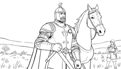 Dessin d'un chevalier en armure à cheval, prêt pour l'aventure, inspiré d'un color panel.